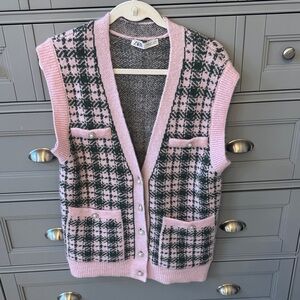 Zara Pink and Black Checkered Women's Cardigan Vest
